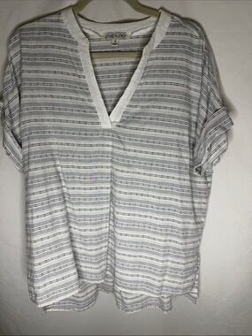 She + Sky White Striped V-Neck Short Sleeve Polo